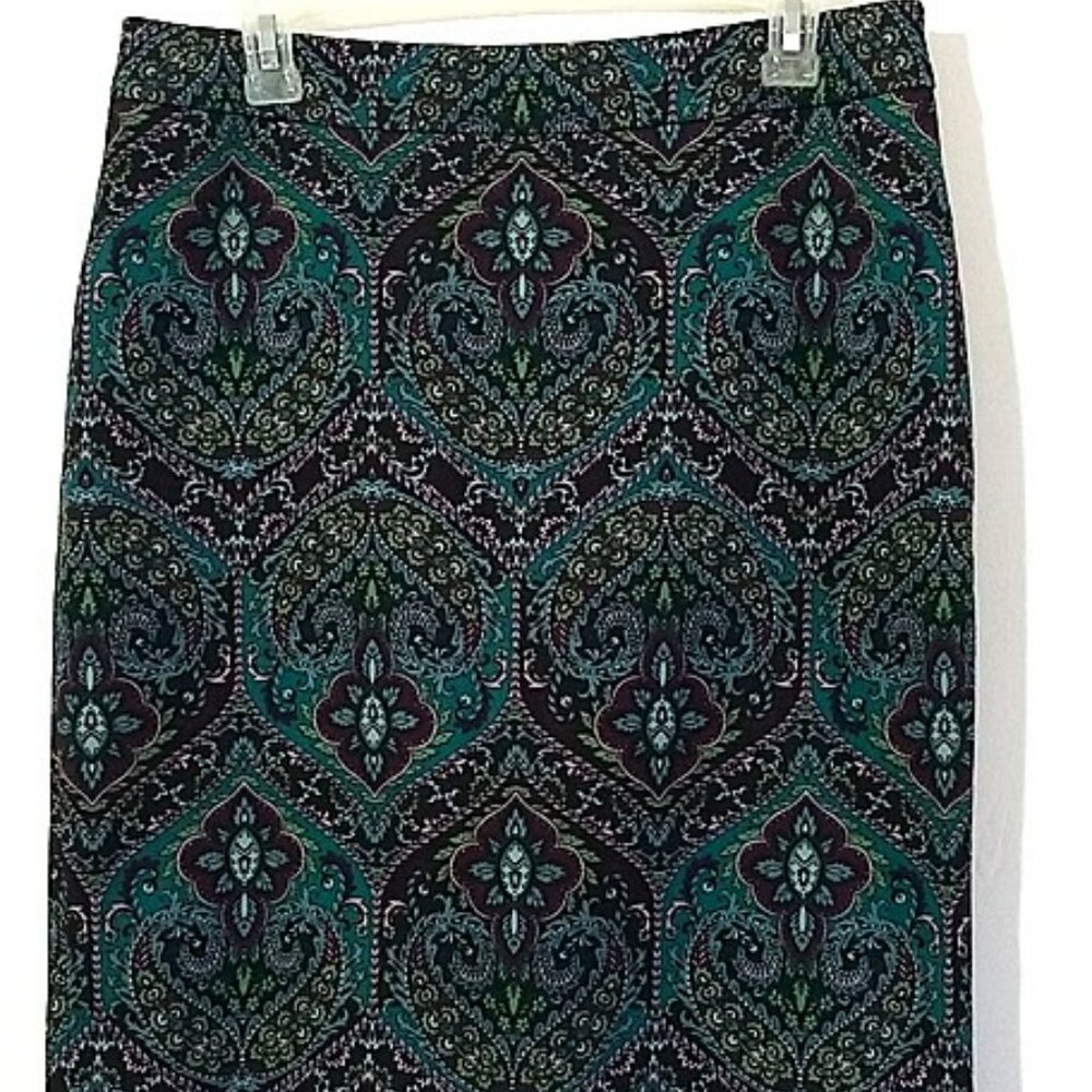 Talbots Petite Skirt - 10P - Geometric & Floral Pattern, Teal/Burgundy, Lined